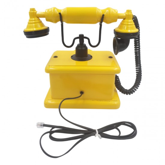 Telefone Antigo Retrô de Mesa em Madeira e Metal Amarelo
